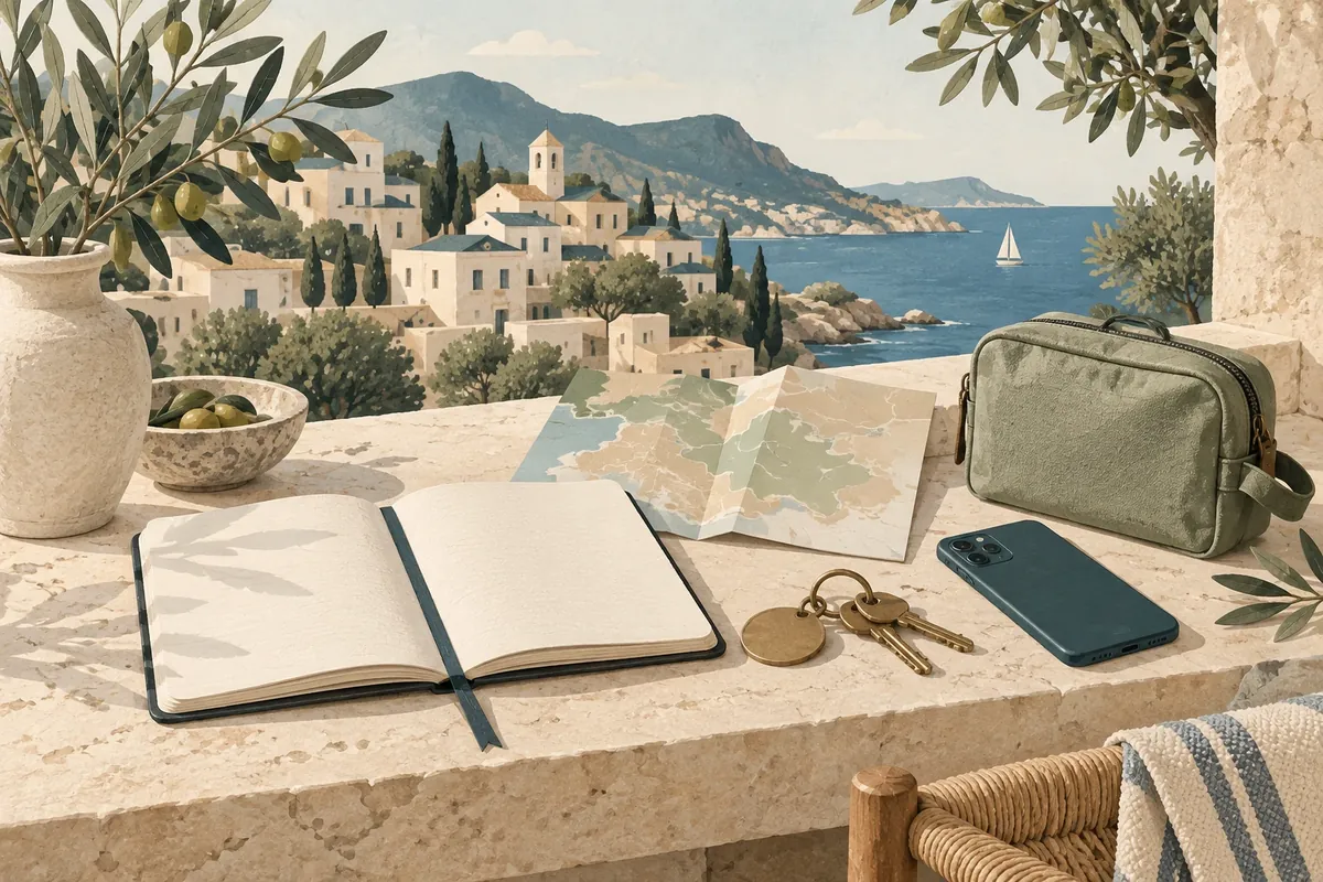 Illustration : clés, carnet et trousse d’outils devant un village méditerranéen