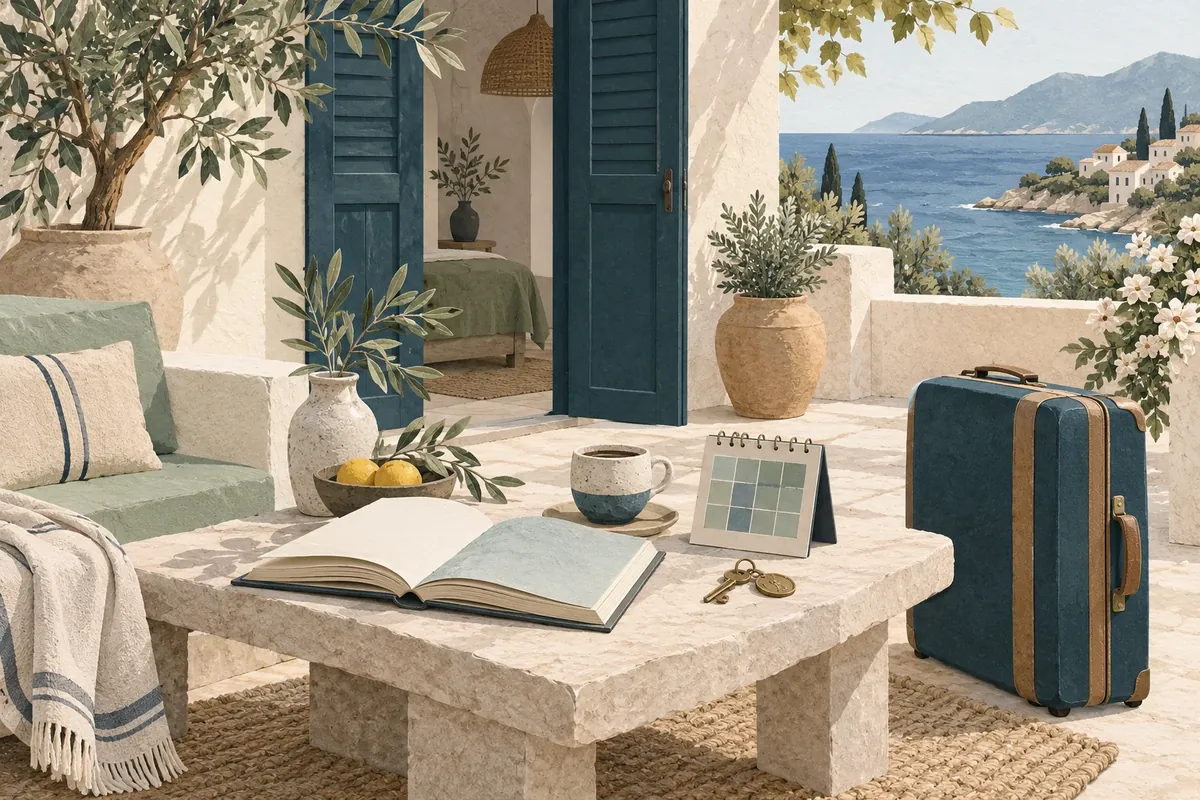 Illustration : maison de vacances, livre personnel, tasse et valise près d’un calendrier
