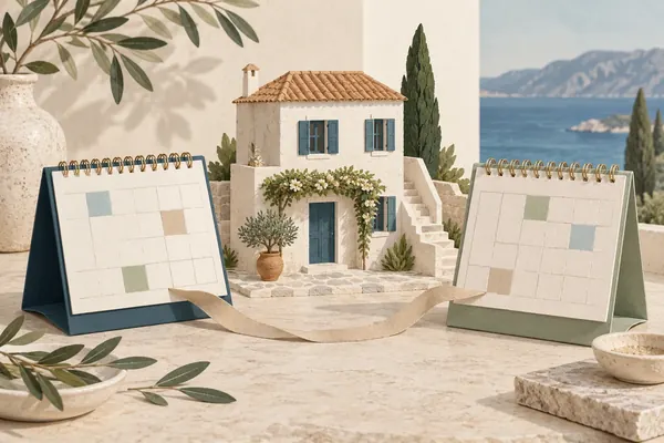 Illustration : calendriers sans texte disposés autour d’une maison aux volets pétrole