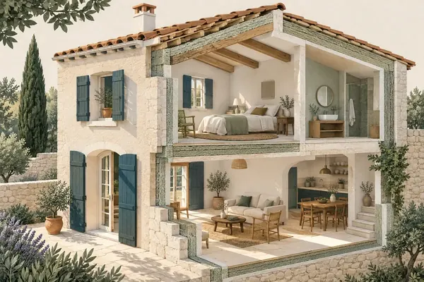Illustration : maison en coupe montrant les parois, fenêtres et isolation