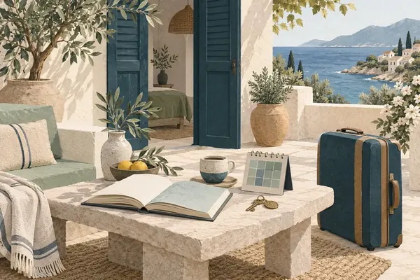 Illustration : maison de vacances, livre personnel, tasse et valise près d’un calendrier