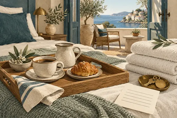 Illustration : petit-déjeuner, linge de maison, clés et reçu de séjour