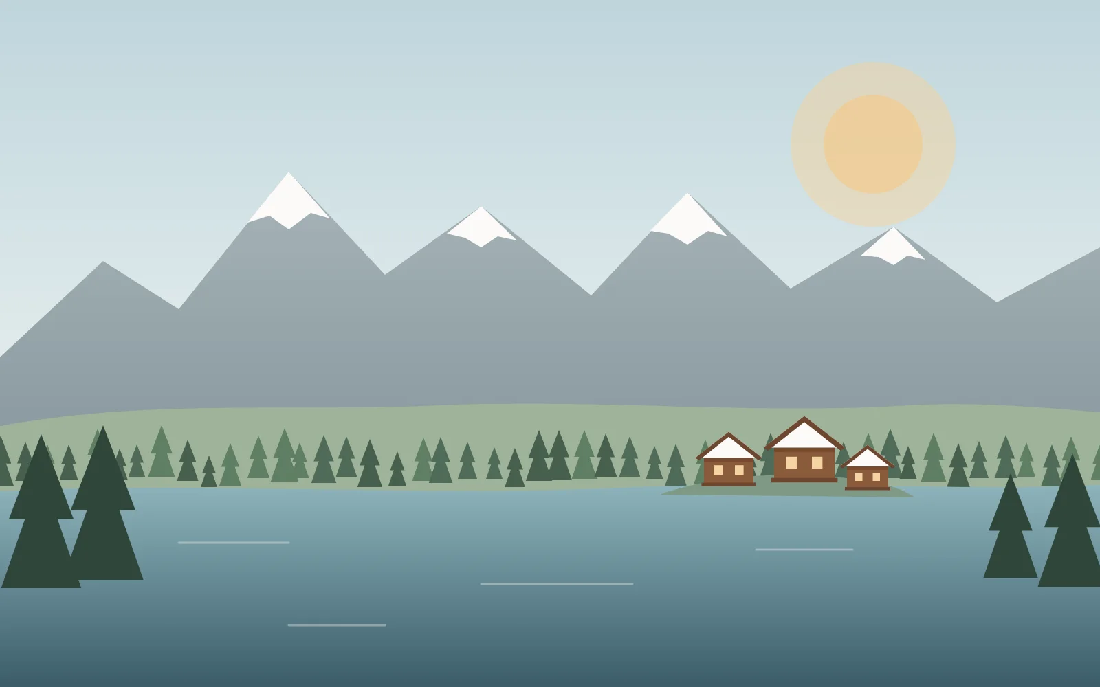 Illustration de montagne : sommets enneigés, forêt et chalets