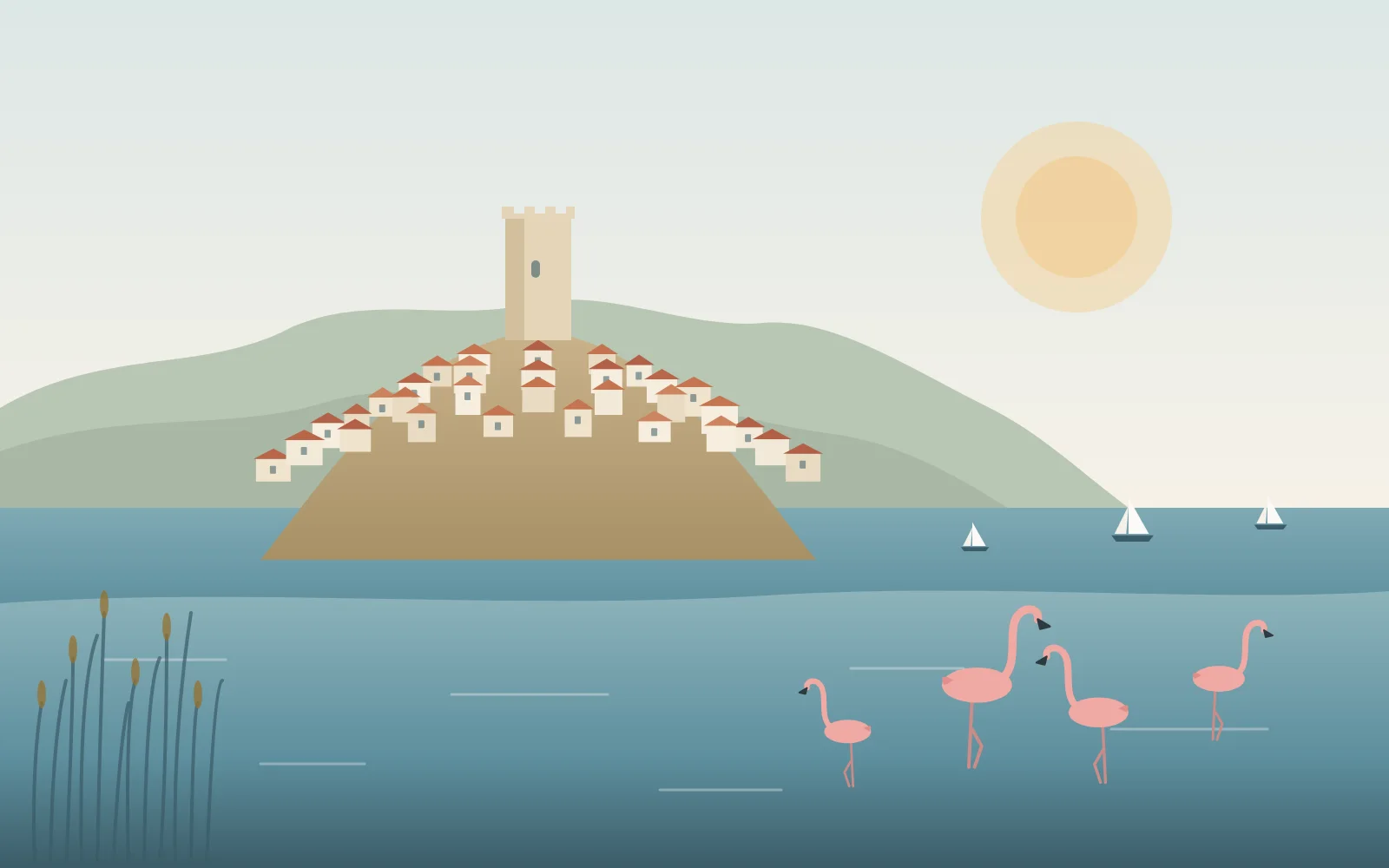 Illustration de Gruissan, de son étang et de ses flamants roses